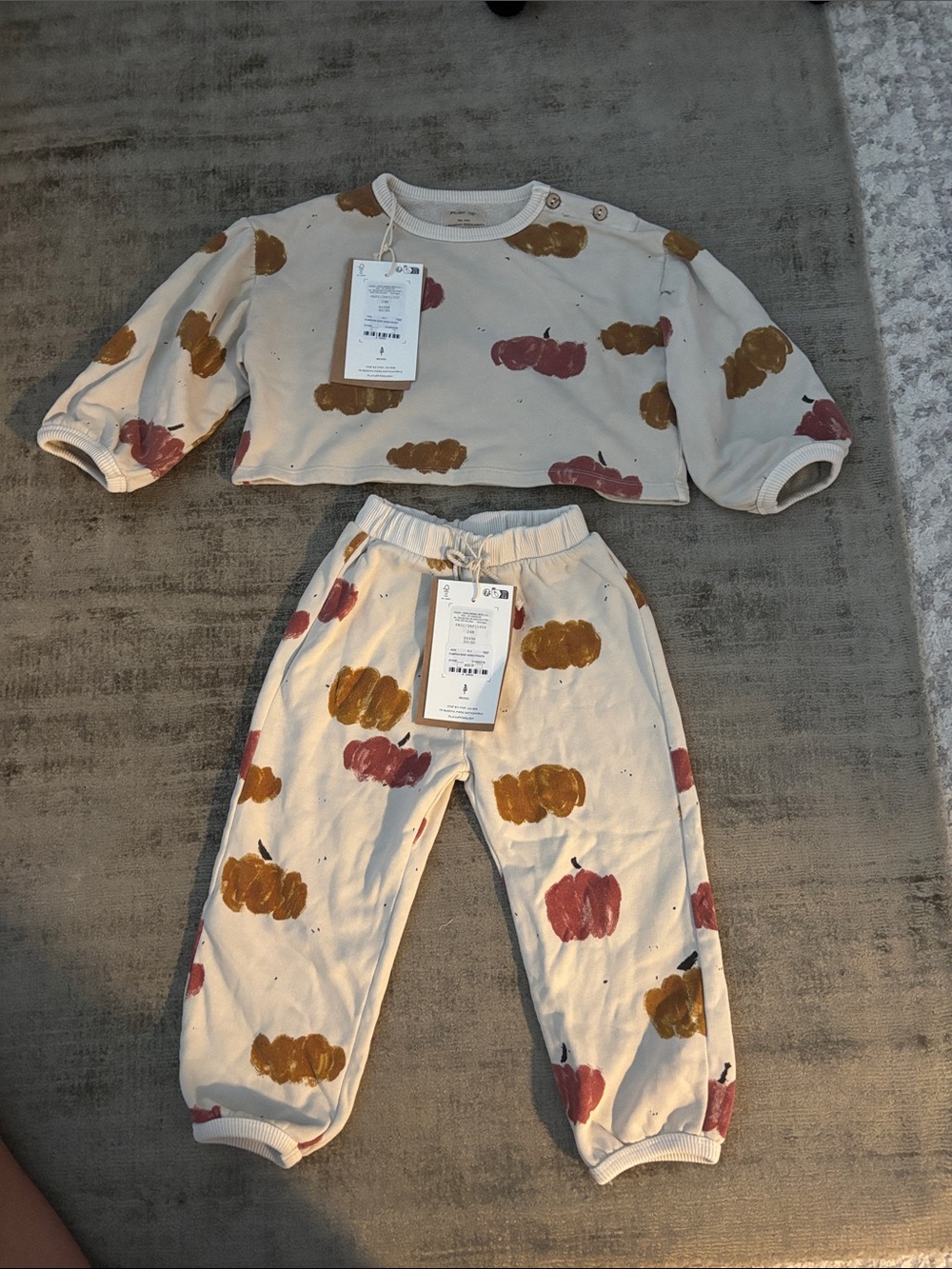Kids Pumpkin Print Sweat Set in Cream with Rust & Mustard